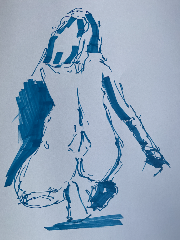 Dessin-nu feminin accroupi feutre encre bleu